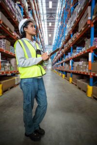 Female warehouse worker checking inventory at wholesale distributors in USA warehouse facility